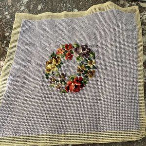 Preworked Handmade Needlepoint Roses Floral Wreath Lavender Completed Finished